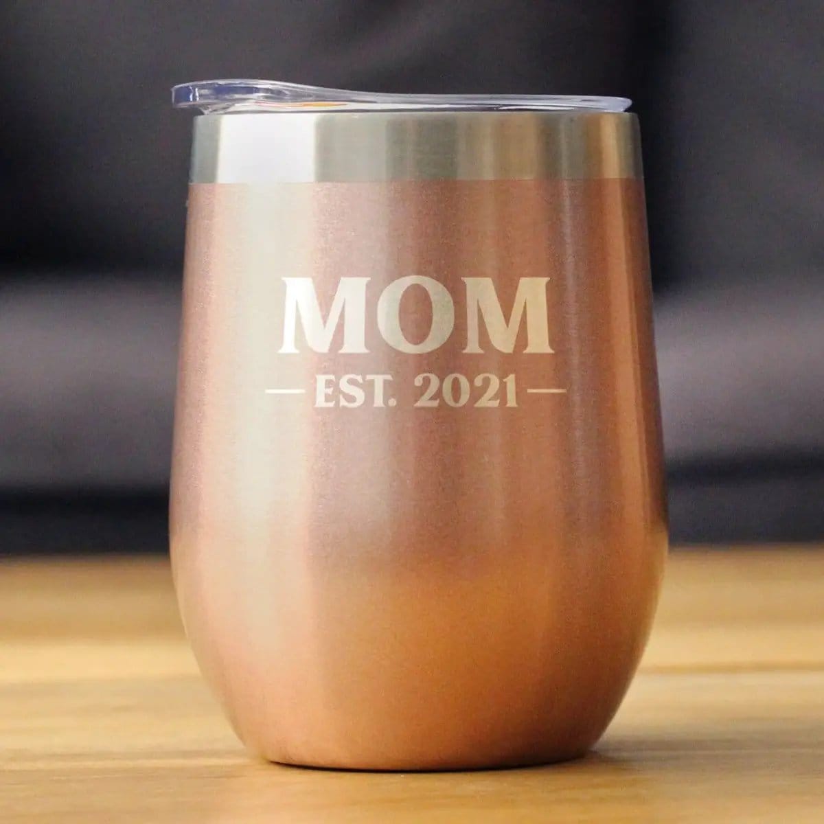 Insulated Stemless Wine Tumbler | 12 oz Stainless Steel | Sliding Lid | Mom Est. 2021 - Bold