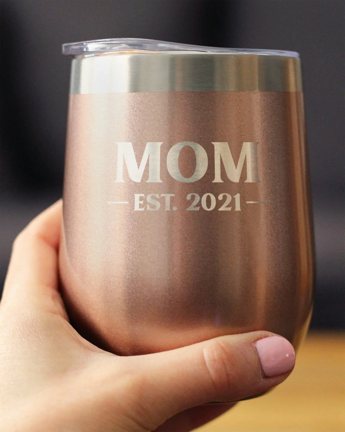 Insulated Stemless Wine Tumbler | 12 oz Stainless Steel | Sliding Lid | Mom Est. 2021 - Bold