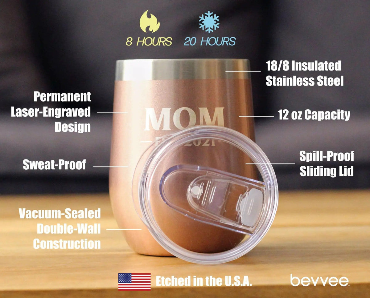 Insulated Stemless Wine Tumbler | 12 oz Stainless Steel | Sliding Lid | Mom Est. 2021 - Bold