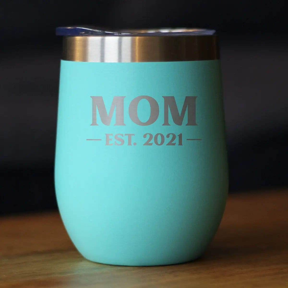 Insulated Stemless Wine Tumbler | 12 oz Stainless Steel | Sliding Lid | Mom Est. 2021 - Bold