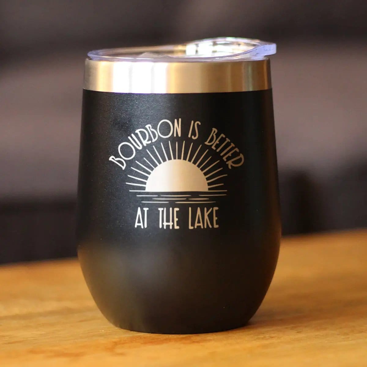 Insulated Stemless Wine Tumbler | 12 oz Stainless Steel | Sliding Lid | Bourbon is Better at the Lake