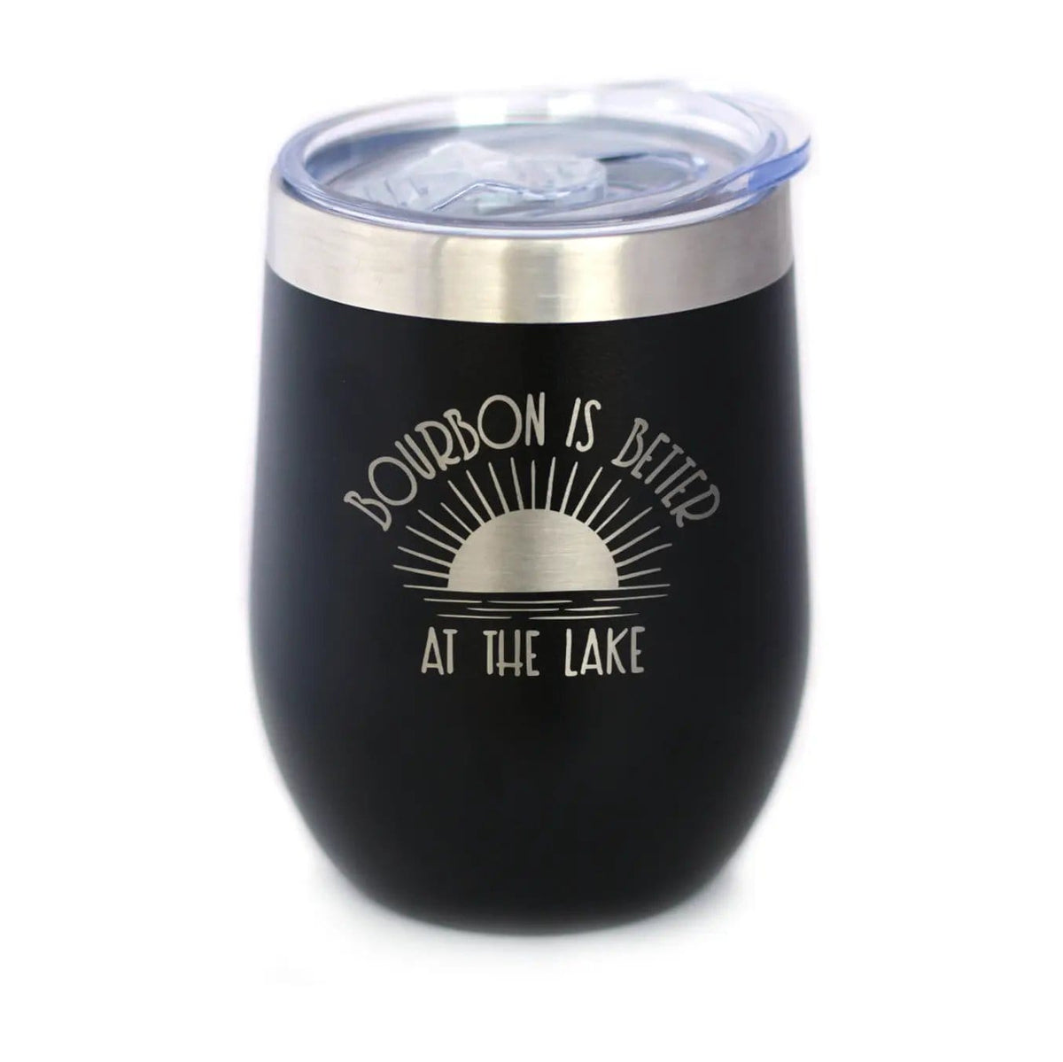 Insulated Stemless Wine Tumbler | 12 oz Stainless Steel | Sliding Lid | Bourbon is Better at the Lake