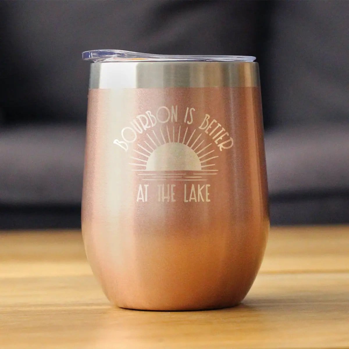 Insulated Stemless Wine Tumbler | 12 oz Stainless Steel | Sliding Lid | Bourbon is Better at the Lake