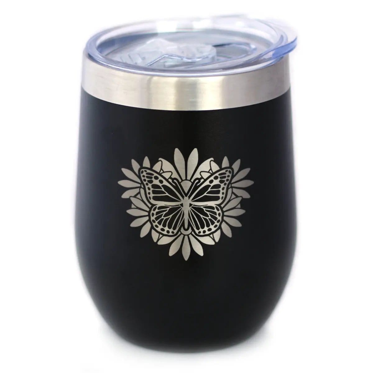 Insulated Stemless Wine Tumbler | 12 oz Stainless Steel | Sliding Lid | Butterfly