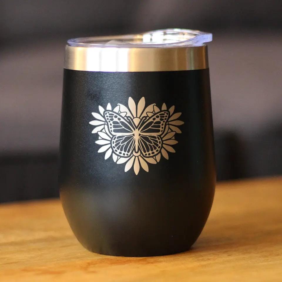 Insulated Stemless Wine Tumbler | 12 oz Stainless Steel | Sliding Lid | Butterfly