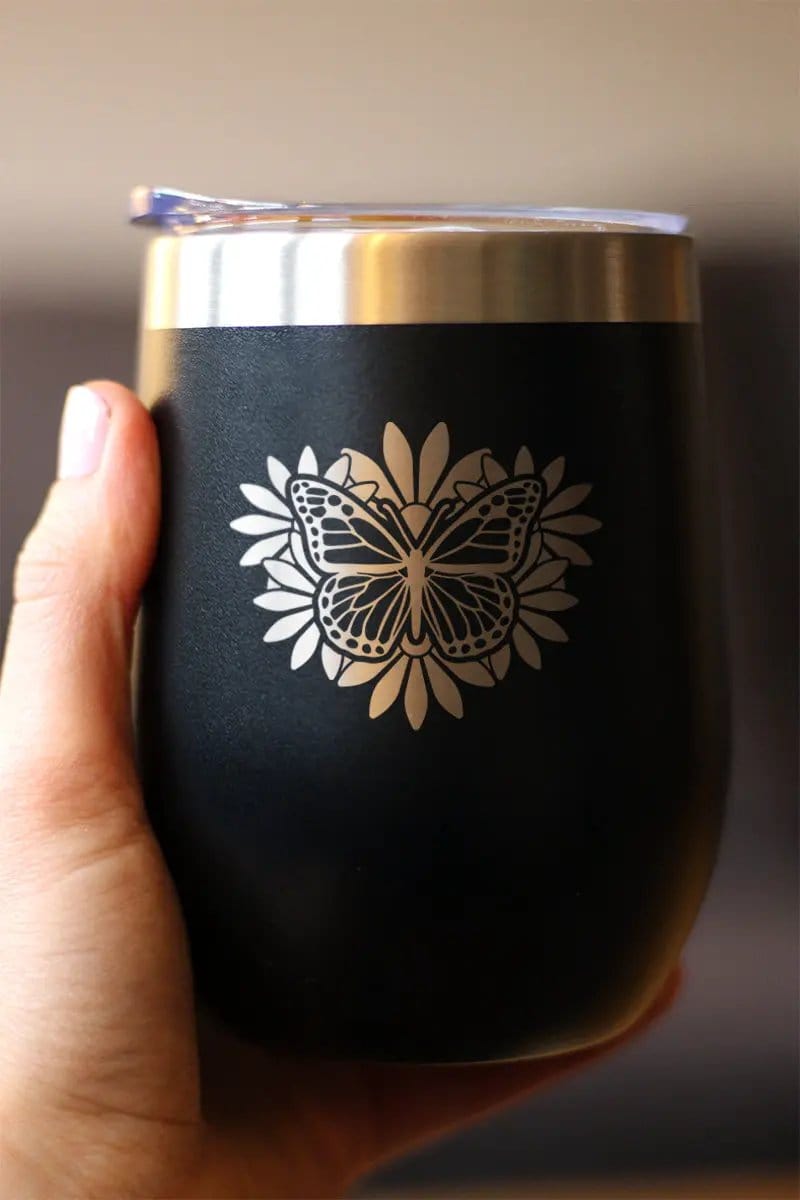 Insulated Stemless Wine Tumbler | 12 oz Stainless Steel | Sliding Lid | Butterfly