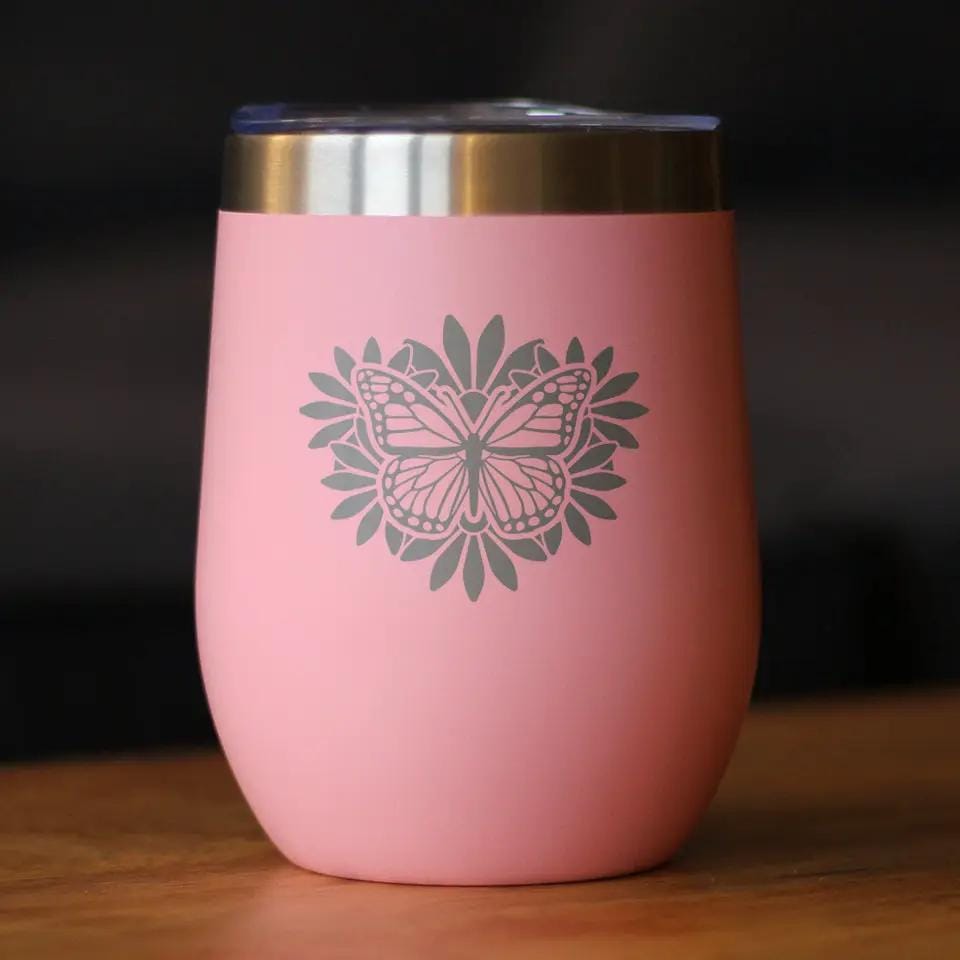 Insulated Stemless Wine Tumbler | 12 oz Stainless Steel | Sliding Lid | Butterfly