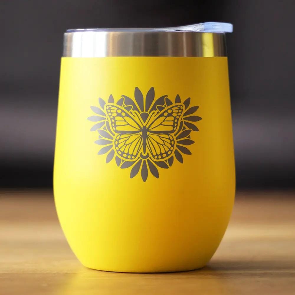 Insulated Stemless Wine Tumbler | 12 oz Stainless Steel | Sliding Lid | Butterfly