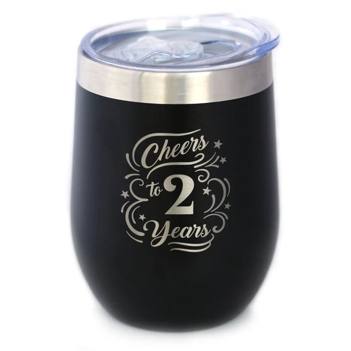 Cheers to 2 Years Wine Tumbler | 12 Oz Double Wall Stainless Steel | Sliding Lid | 2nd Anniversary Gifts and Party Decor