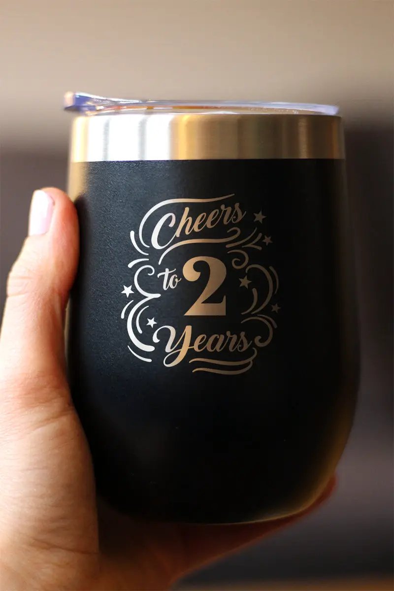 Cheers to 2 Years Wine Tumbler | 12 Oz Double Wall Stainless Steel | Sliding Lid | 2nd Anniversary Gifts and Party Decor