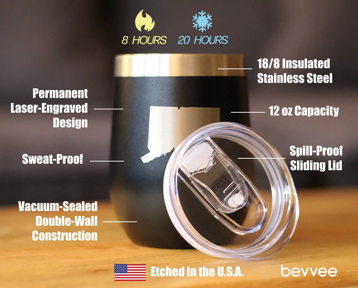 Connecticut State Outline Wine Tumbler | 12 Oz | Double Wall Stainless Steel | Sliding Lid