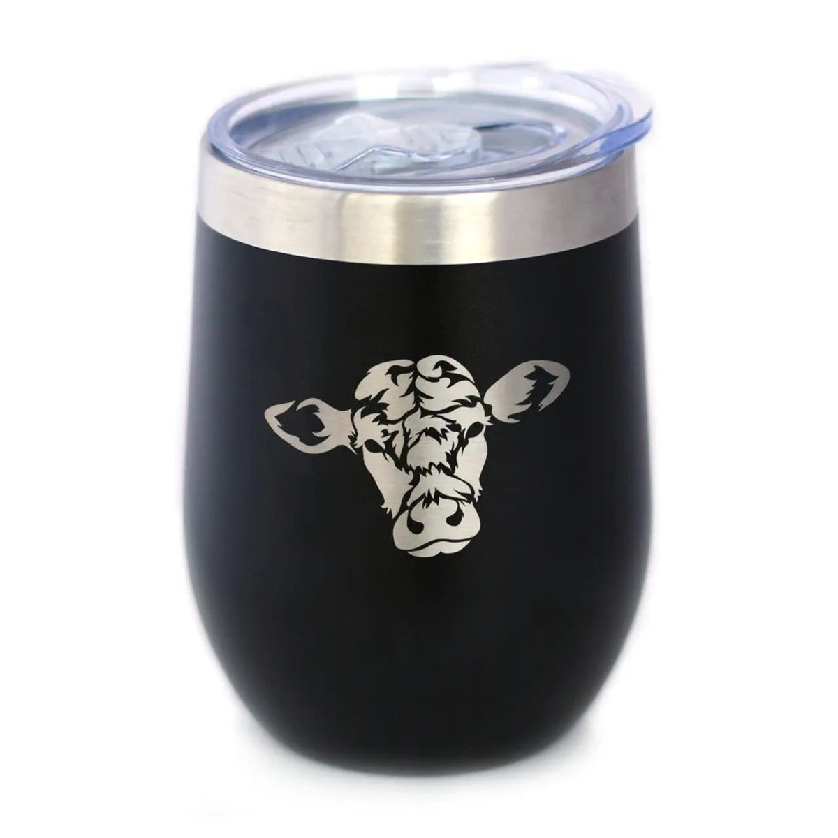 Insulated Stemless Wine Tumbler | 12 oz Stainless Steel | Sliding Lid | Cow Face