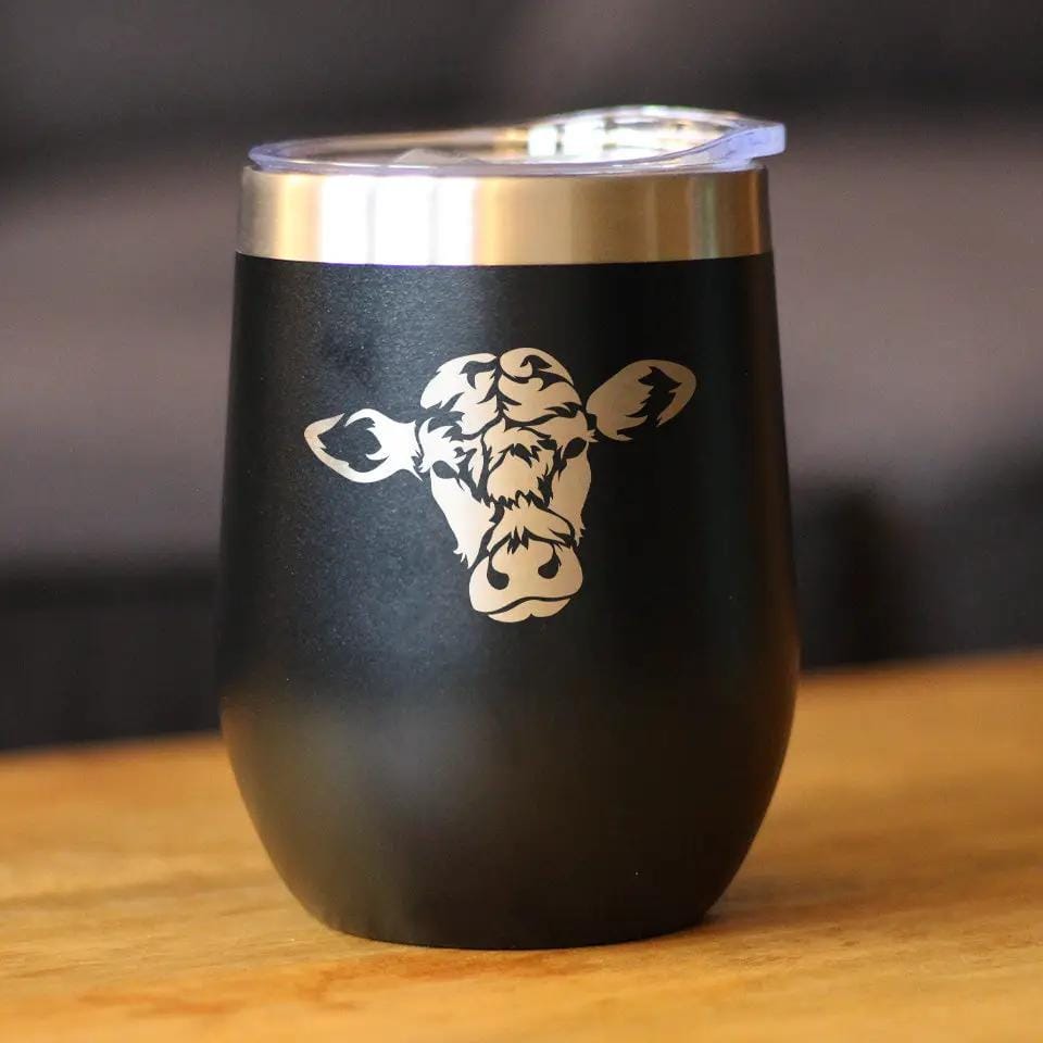 Insulated Stemless Wine Tumbler | 12 oz Stainless Steel | Sliding Lid | Cow Face
