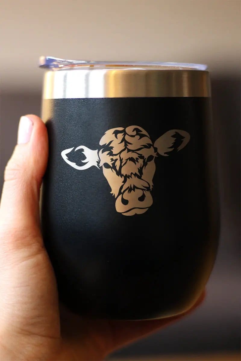 Insulated Stemless Wine Tumbler | 12 oz Stainless Steel | Sliding Lid | Cow Face
