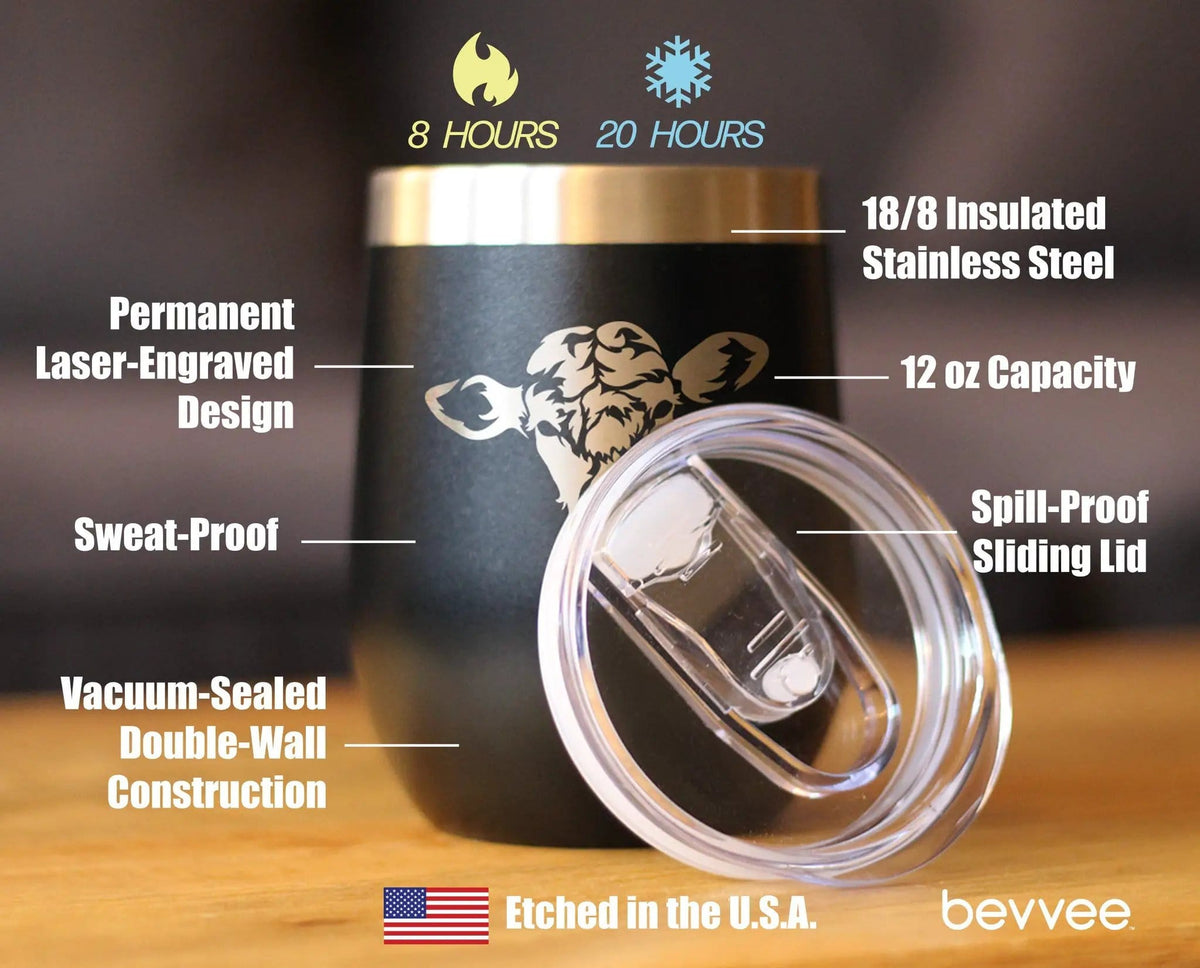 Insulated Stemless Wine Tumbler | 12 oz Stainless Steel | Sliding Lid | Cow Face
