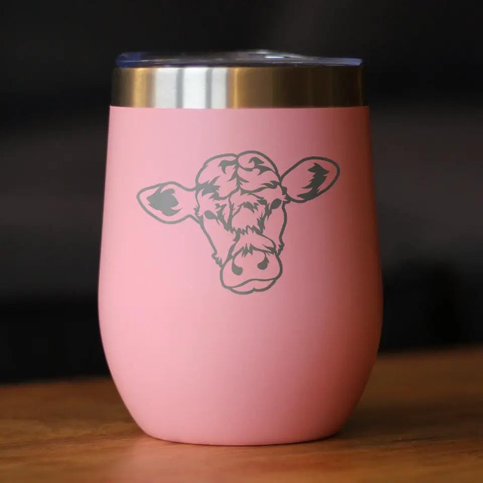 Insulated Stemless Wine Tumbler | 12 oz Stainless Steel | Sliding Lid | Cow Face