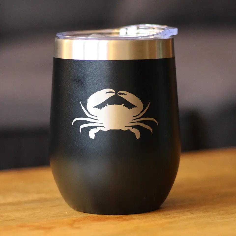 Insulated Stemless Wine Tumbler | 12 oz Stainless Steel | Sliding Lid | Crab Silhouette