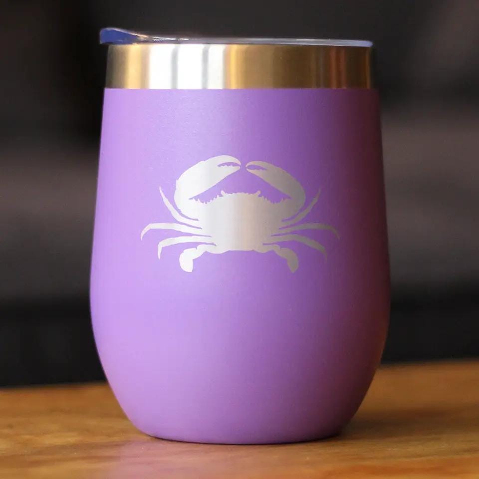 Insulated Stemless Wine Tumbler | 12 oz Stainless Steel | Sliding Lid | Crab Silhouette