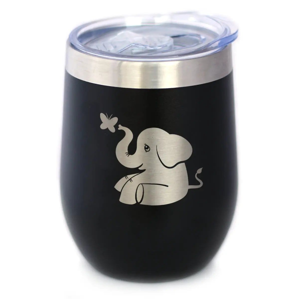 Insulated Stemless Wine Tumbler | 12 oz Stainless Steel | Sliding Lid | Cute Elephant