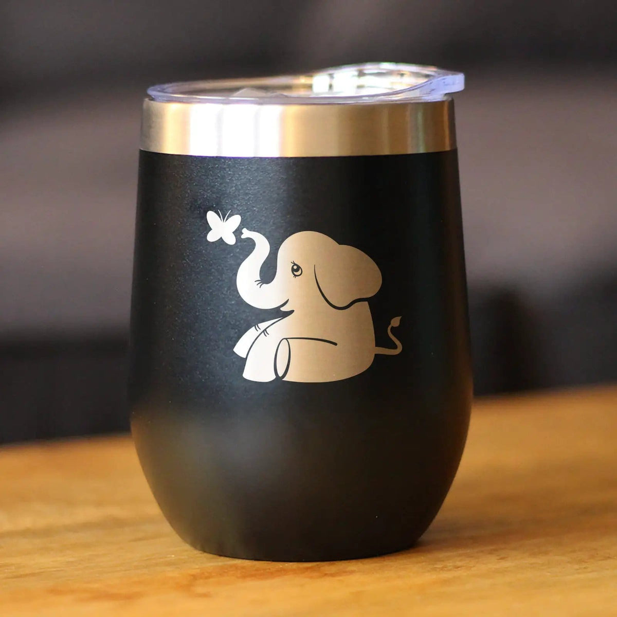 Insulated Stemless Wine Tumbler | 12 oz Stainless Steel | Sliding Lid | Cute Elephant