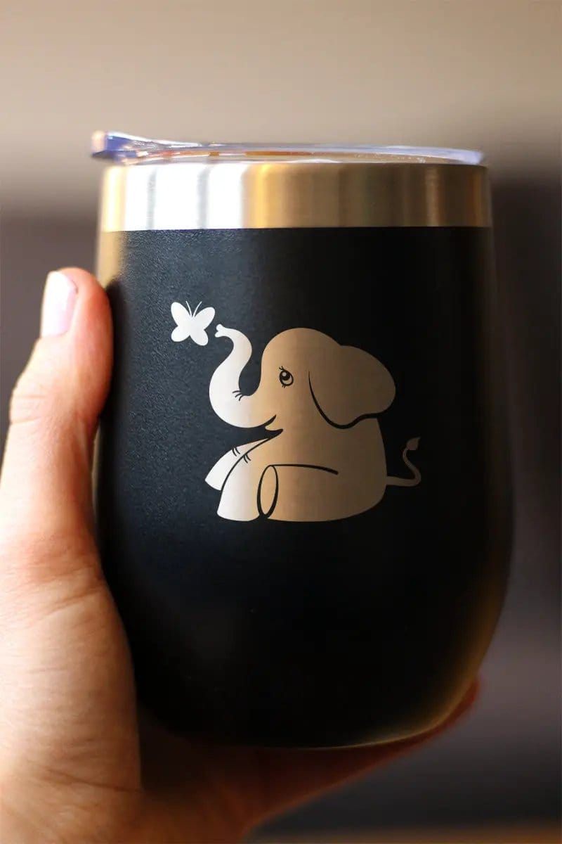 Insulated Stemless Wine Tumbler | 12 oz Stainless Steel | Sliding Lid | Cute Elephant