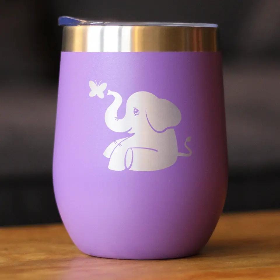 Insulated Stemless Wine Tumbler | 12 oz Stainless Steel | Sliding Lid | Cute Elephant
