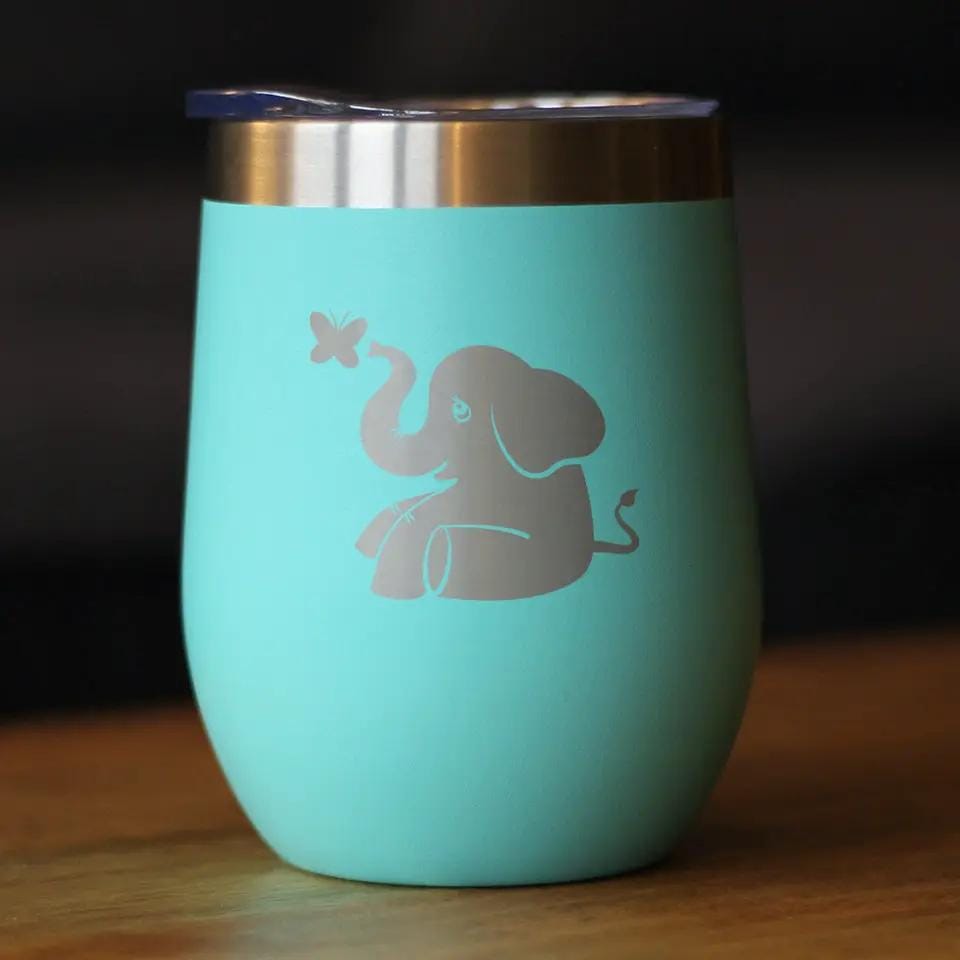 Insulated Stemless Wine Tumbler | 12 oz Stainless Steel | Sliding Lid | Cute Elephant