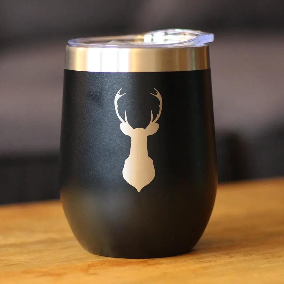 Insulated Stemless Wine Tumbler | 12 oz Stainless Steel | Sliding Lid | Deer Head