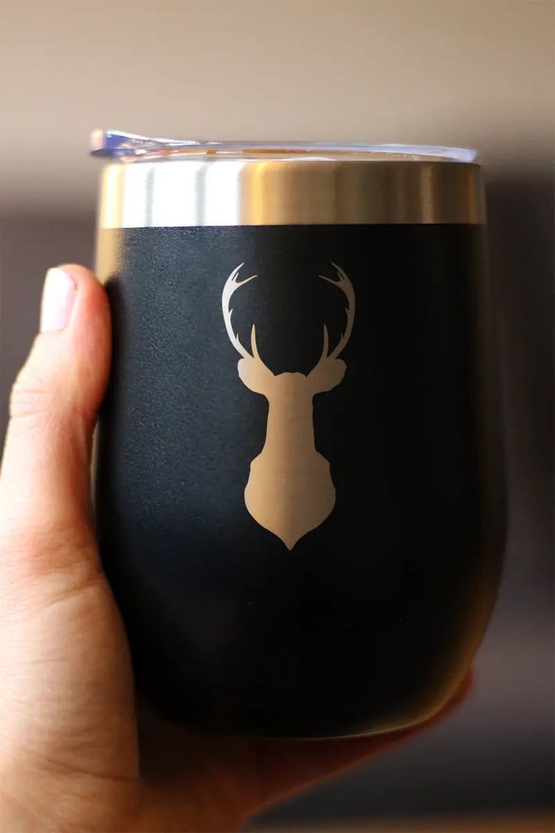 Insulated Stemless Wine Tumbler | 12 oz Stainless Steel | Sliding Lid | Deer Head