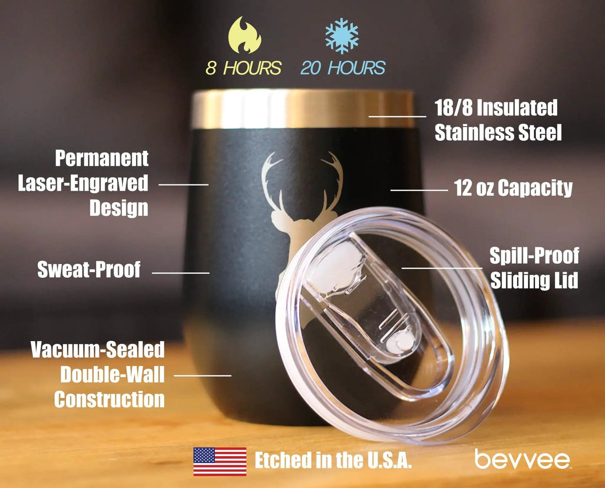 Insulated Stemless Wine Tumbler | 12 oz Stainless Steel | Sliding Lid | Deer Head