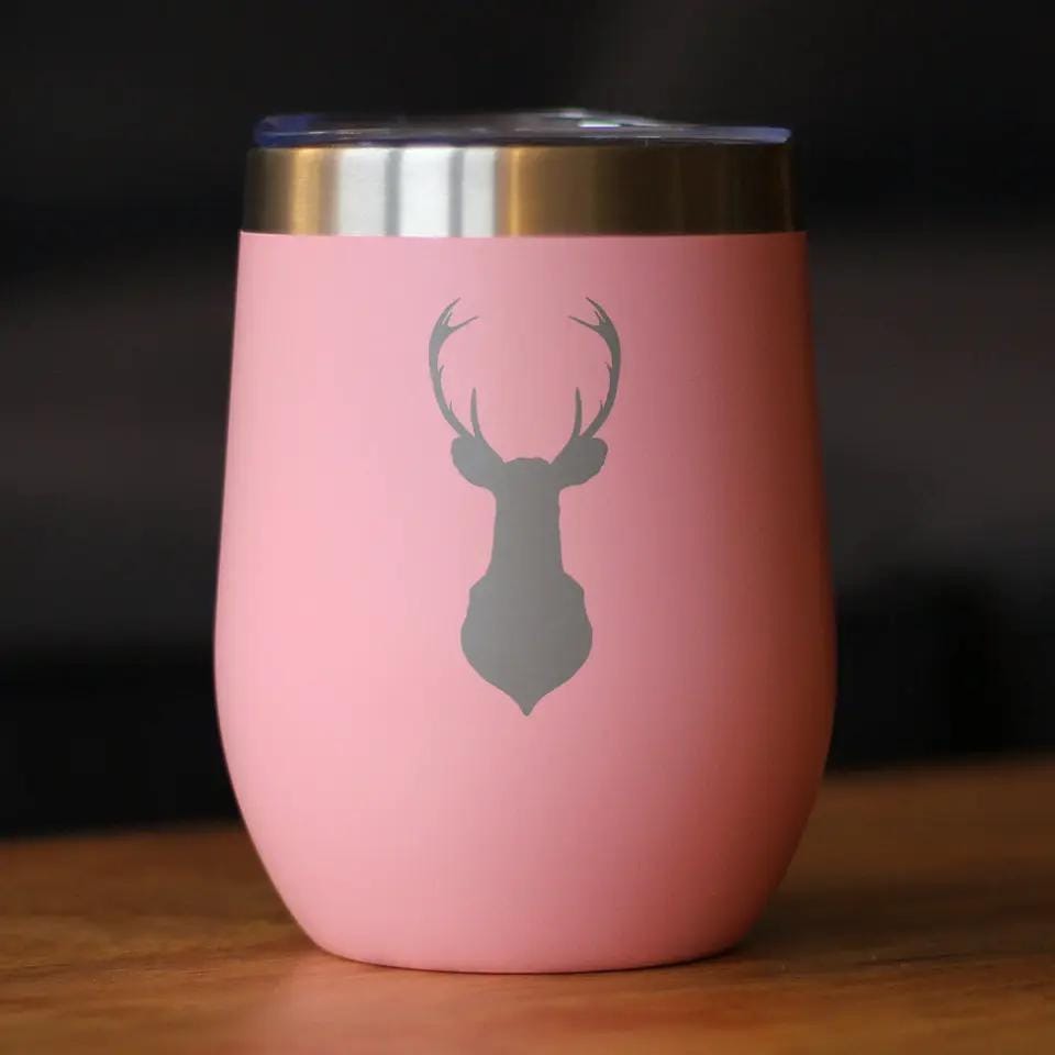 Insulated Stemless Wine Tumbler | 12 oz Stainless Steel | Sliding Lid | Deer Head