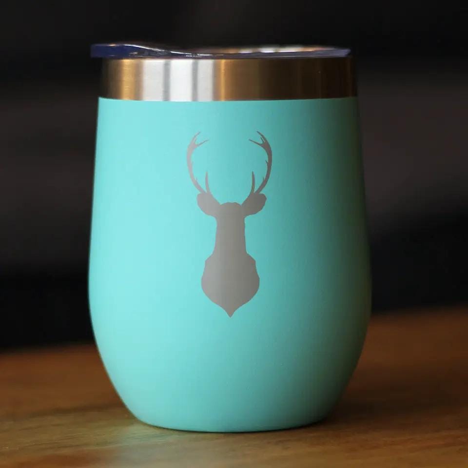Insulated Stemless Wine Tumbler | 12 oz Stainless Steel | Sliding Lid | Deer Head