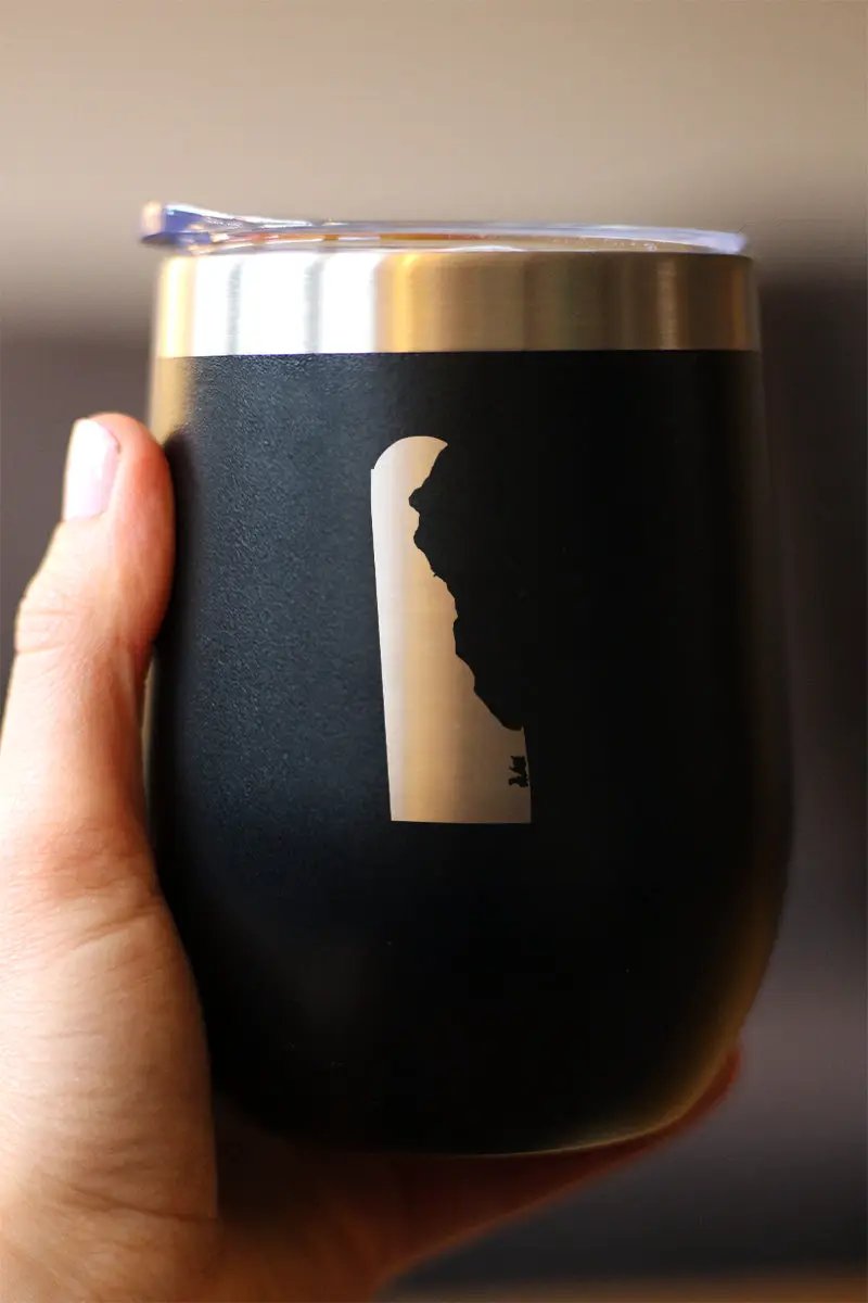 Delaware State Outline Wine Tumbler | 12 Oz | Double Wall Stainless Steel | Sliding Lid