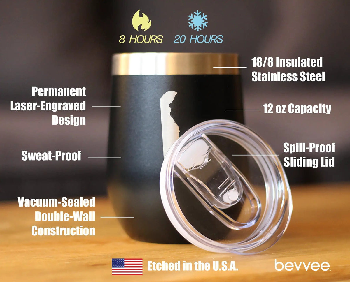Delaware State Outline Wine Tumbler | 12 Oz | Double Wall Stainless Steel | Sliding Lid