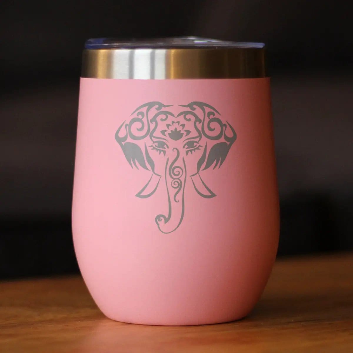 Insulated Stemless Wine Tumbler | 12 oz Stainless Steel | Sliding Lid | Elephant Boho