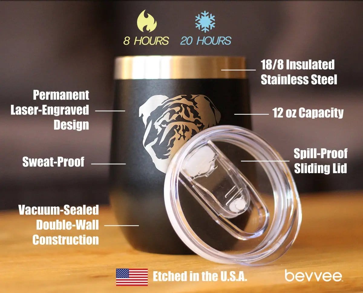 Insulated Stemless Wine Tumbler | 12 oz Stainless Steel | Sliding Lid | Bulldog