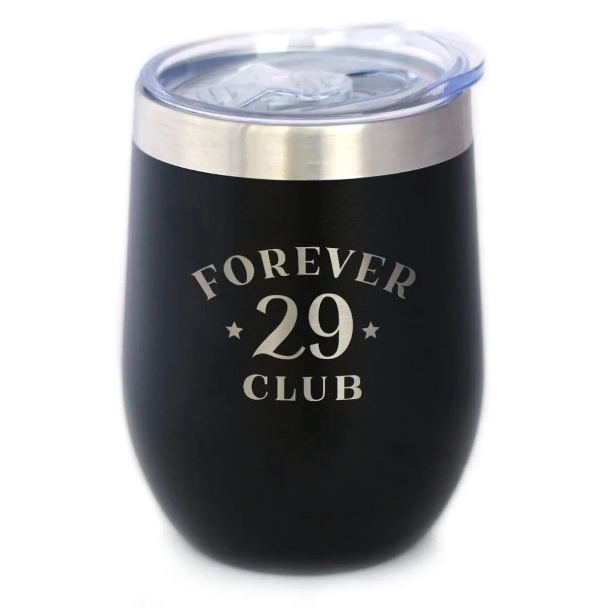 Insulated Stemless Wine Tumbler | 12 oz Stainless Steel | Sliding Lid | Forever 29 Club