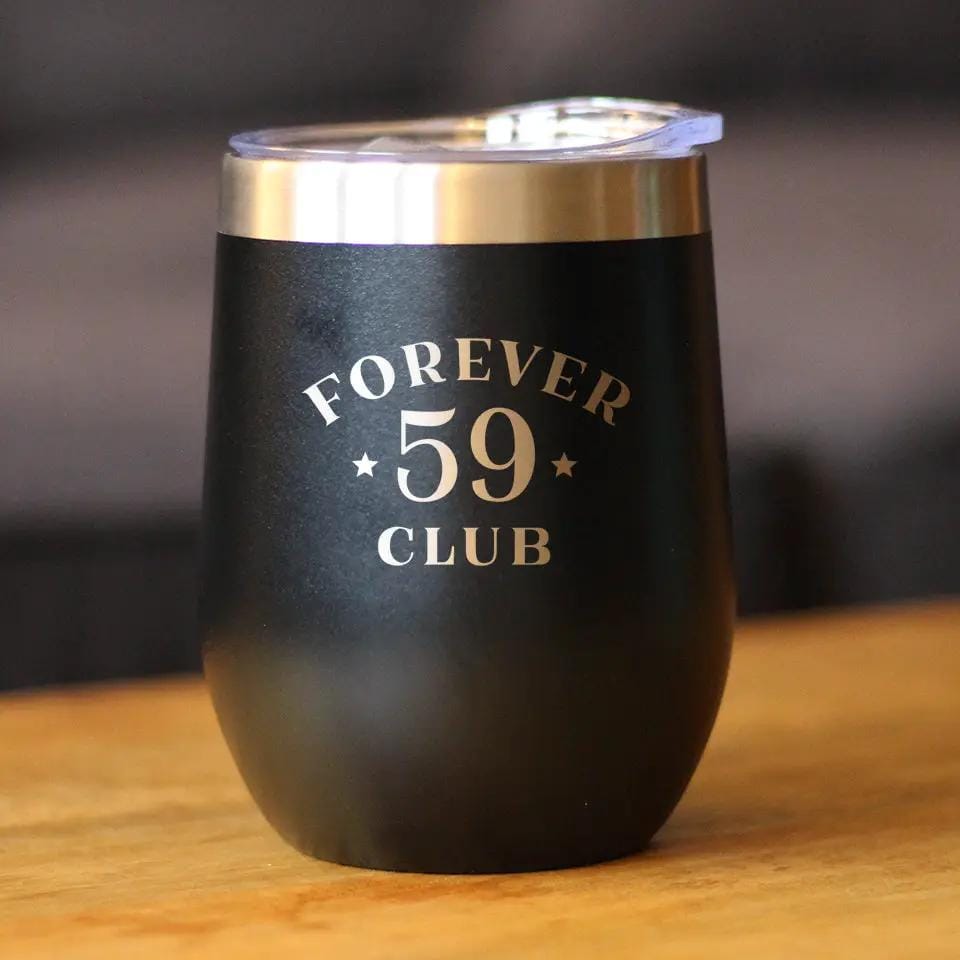 Insulated Stemless Wine Tumbler | 12 oz Stainless Steel | Sliding Lid | Forever 59 Club