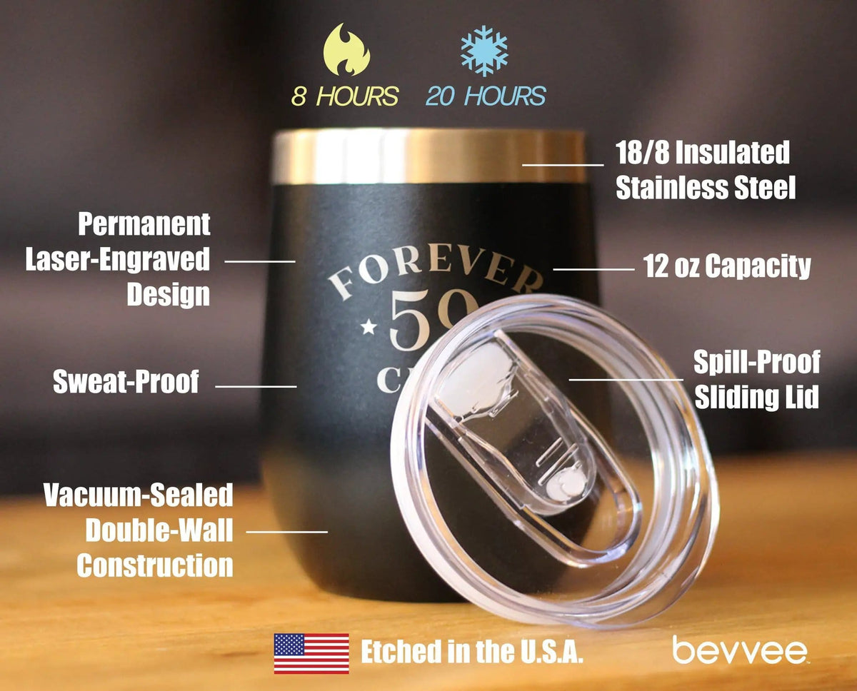 Insulated Stemless Wine Tumbler | 12 oz Stainless Steel | Sliding Lid | Forever 59 Club