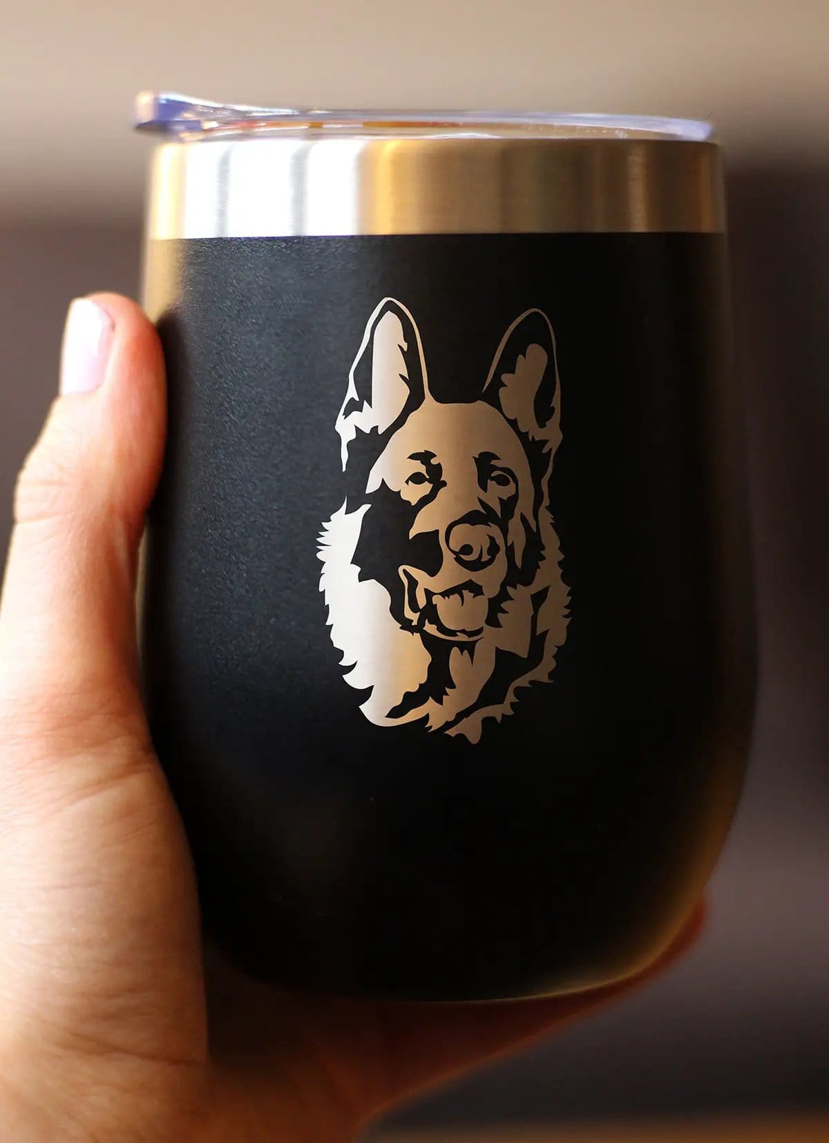 Insulated Stemless Wine Tumbler | 12 oz Stainless Steel | Sliding Lid | German Shepherd