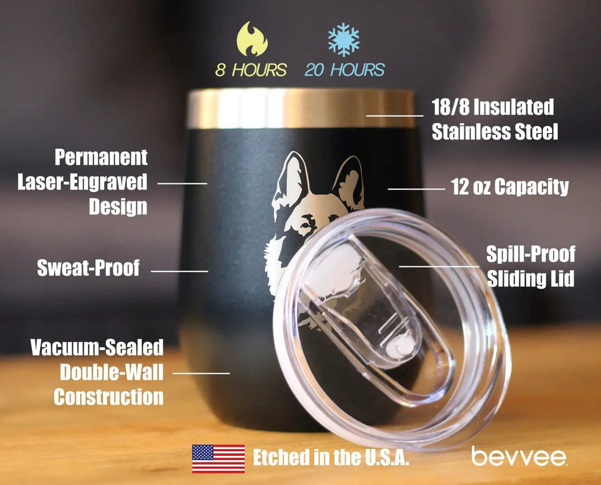 Insulated Stemless Wine Tumbler | 12 oz Stainless Steel | Sliding Lid | German Shepherd