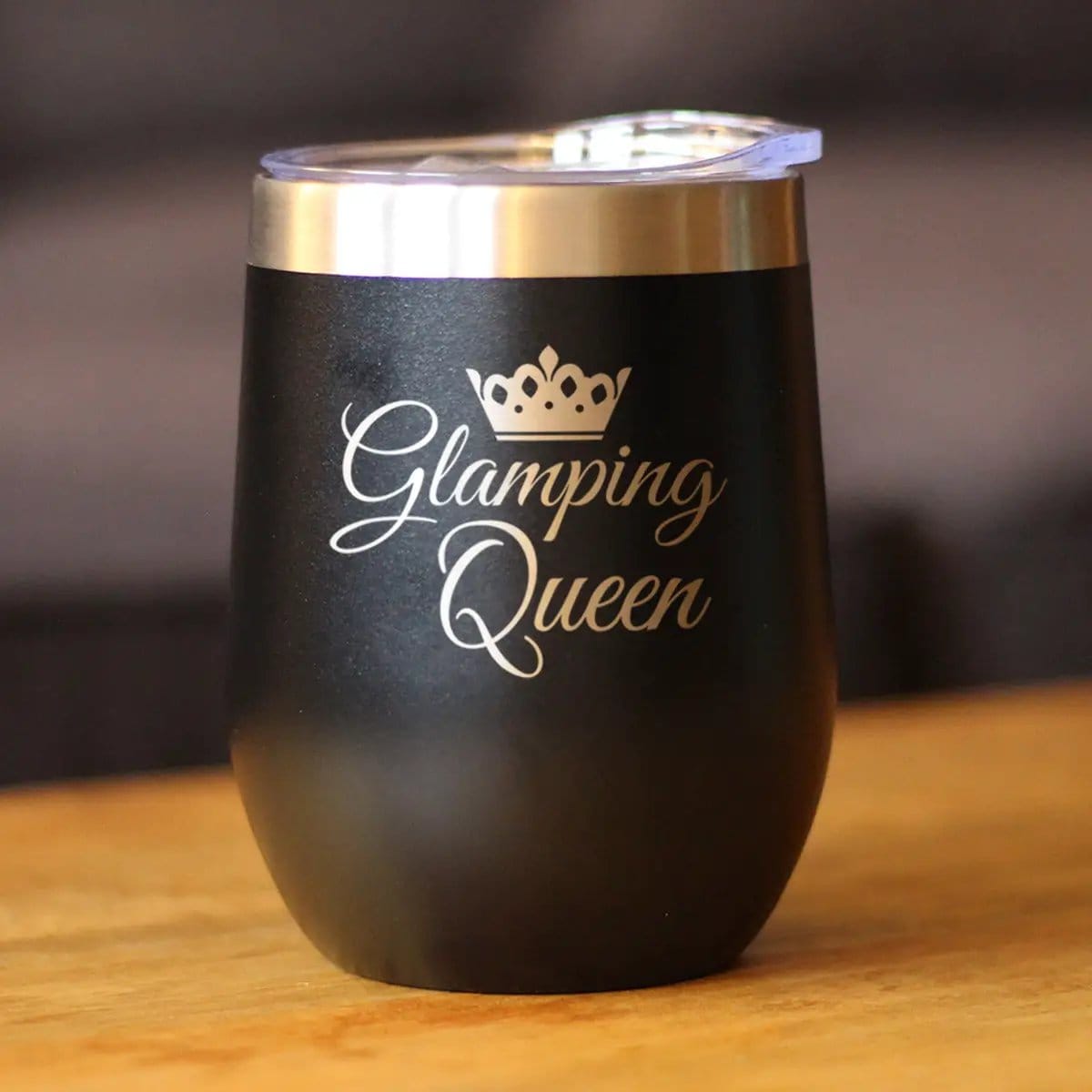 Insulated Stemless Wine Tumbler | 12 oz Stainless Steel | Sliding Lid | Glamping Queen