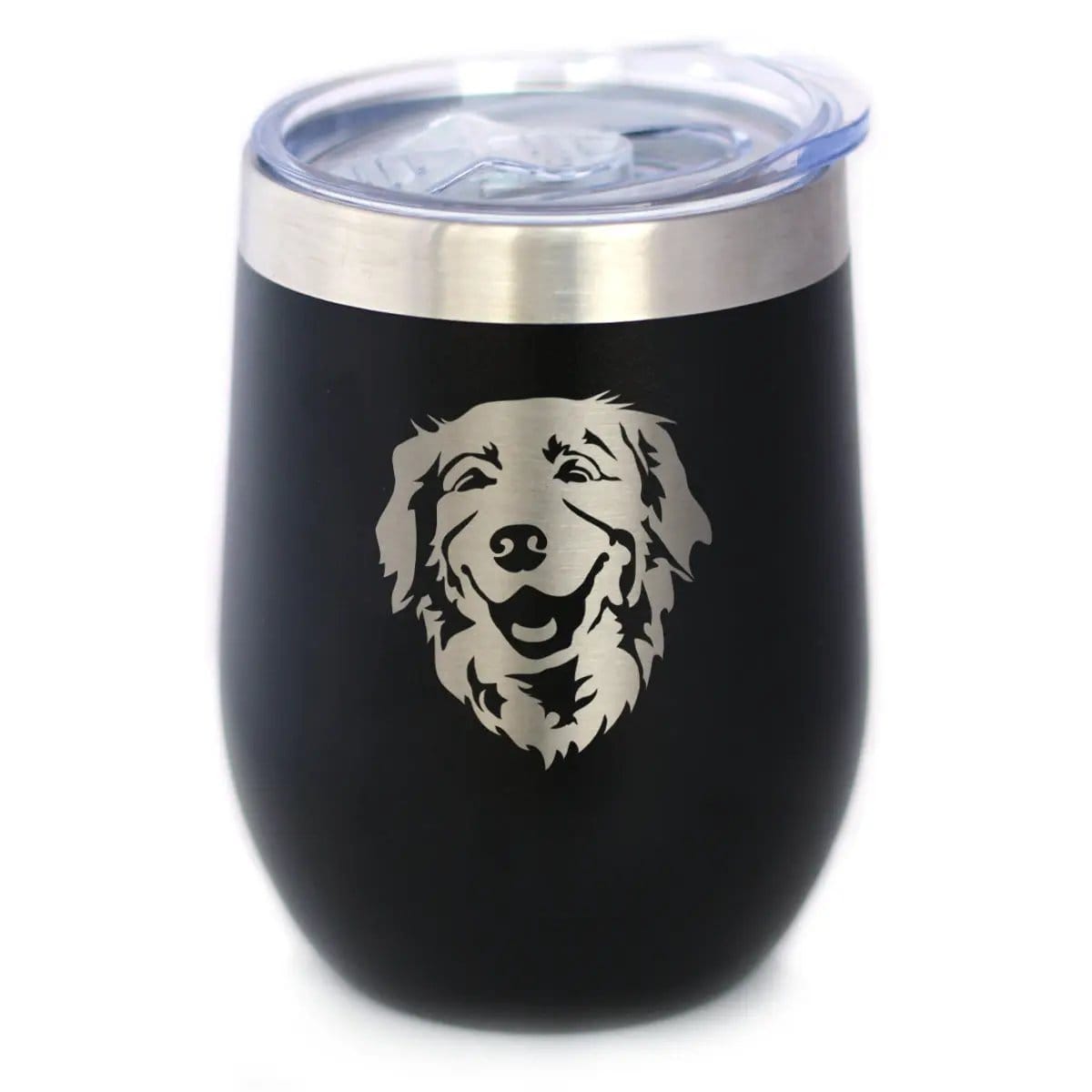 Insulated Stemless Wine Tumbler | 12 oz Stainless Steel | Sliding Lid | NEW Golden Retriever Happy Face