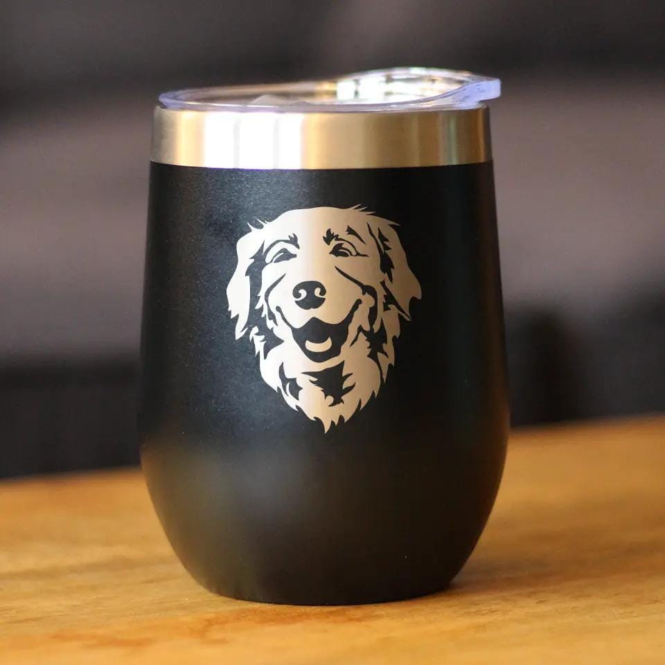 Insulated Stemless Wine Tumbler | 12 oz Stainless Steel | Sliding Lid | NEW Golden Retriever Happy Face