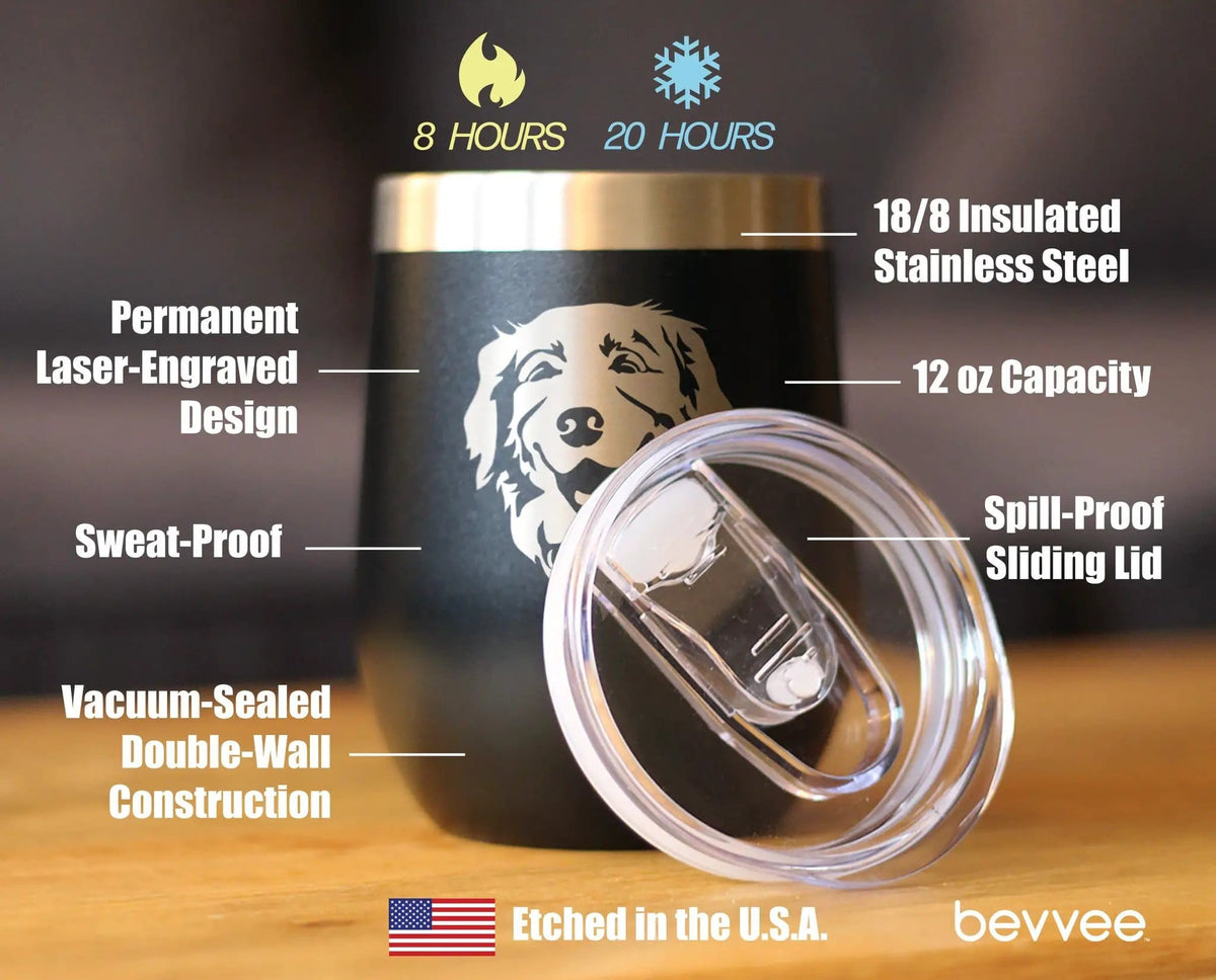 Insulated Stemless Wine Tumbler | 12 oz Stainless Steel | Sliding Lid | NEW Golden Retriever Happy Face