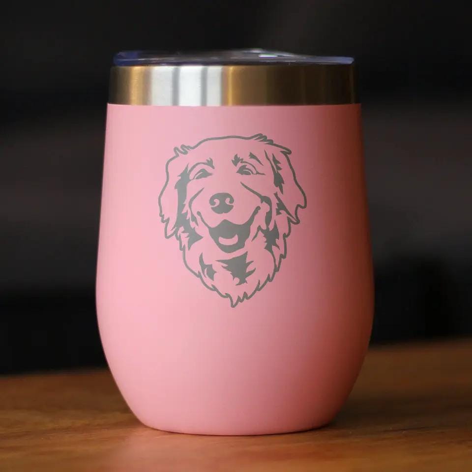 Insulated Stemless Wine Tumbler | 12 oz Stainless Steel | Sliding Lid | NEW Golden Retriever Happy Face