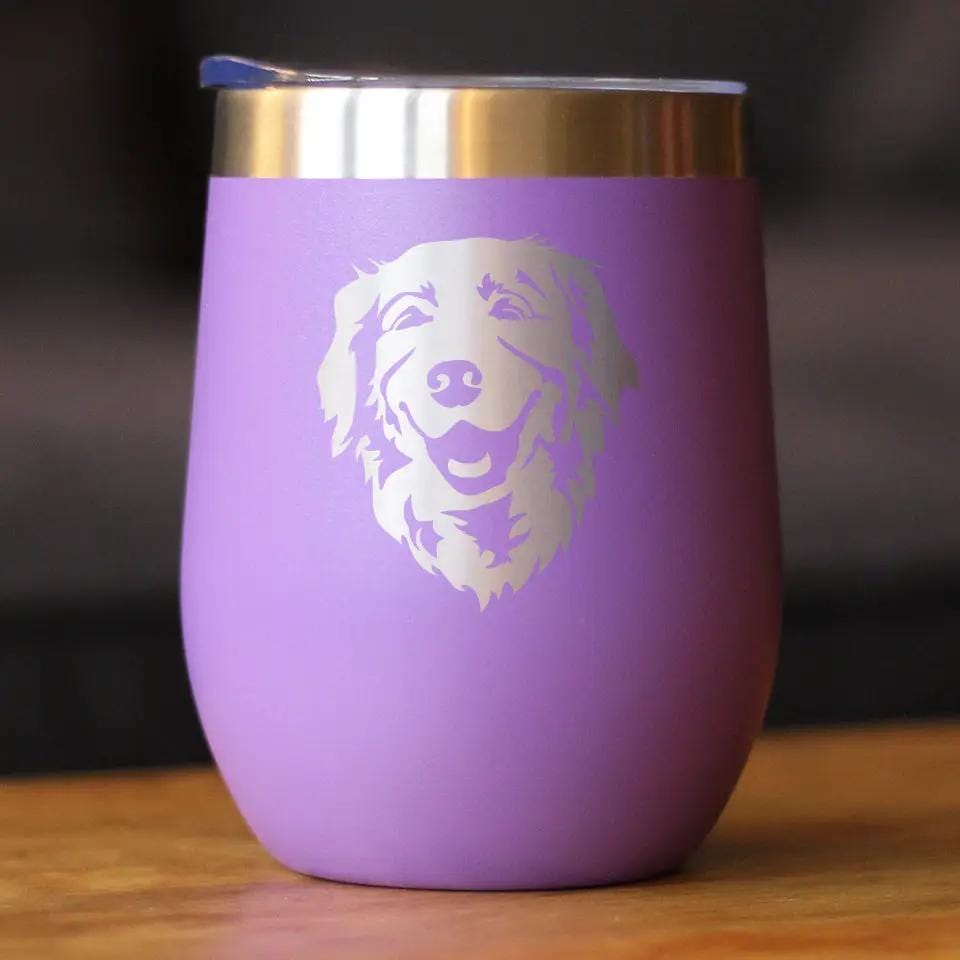 Insulated Stemless Wine Tumbler | 12 oz Stainless Steel | Sliding Lid | NEW Golden Retriever Happy Face