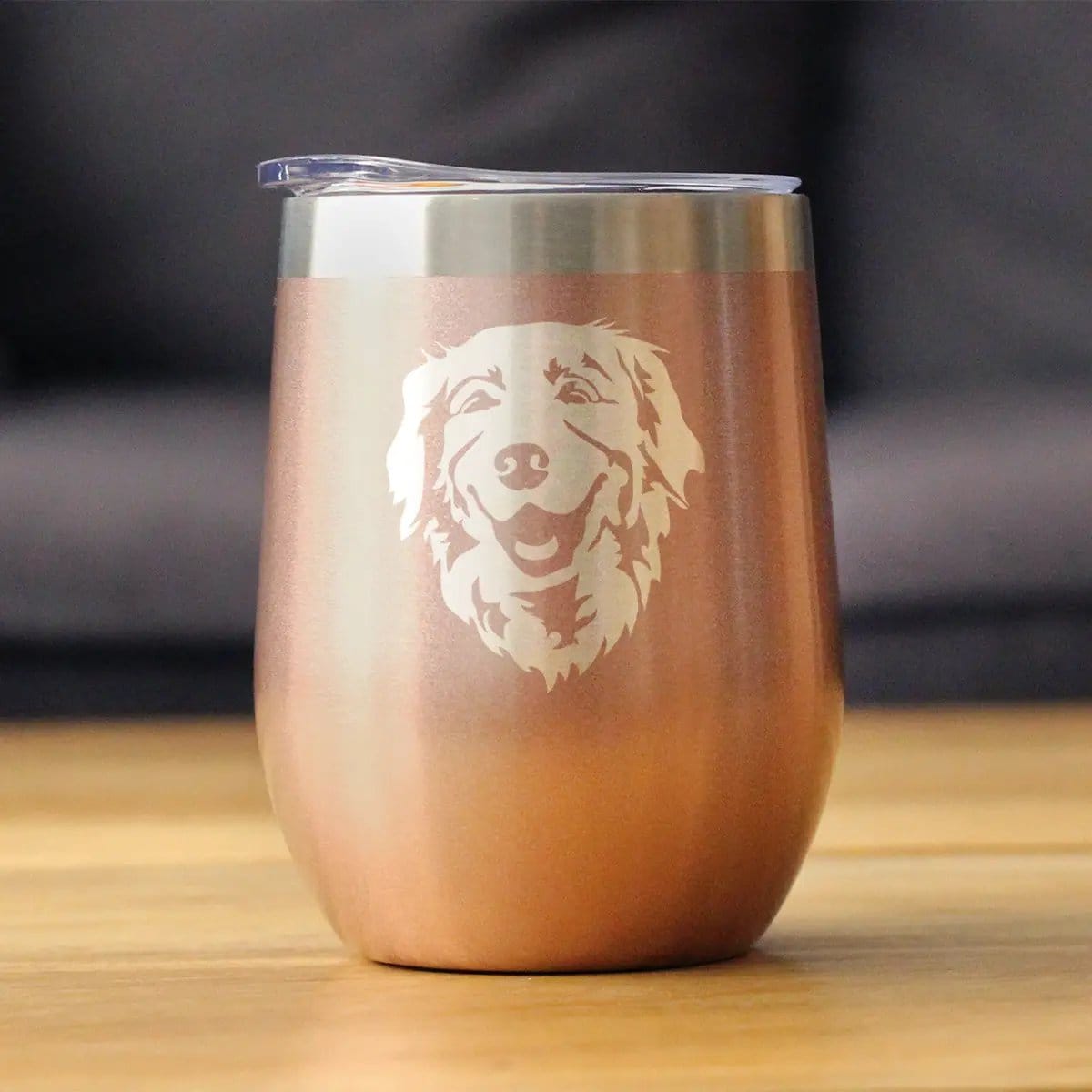 Insulated Stemless Wine Tumbler | 12 oz Stainless Steel | Sliding Lid | NEW Golden Retriever Happy Face
