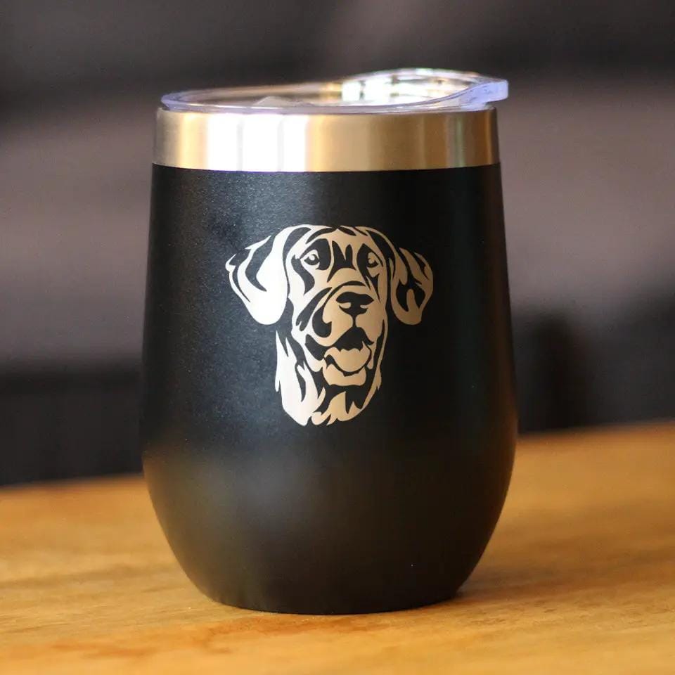 Insulated Stemless Wine Tumbler | 12 oz Stainless Steel | Sliding Lid | Great Dane Face
