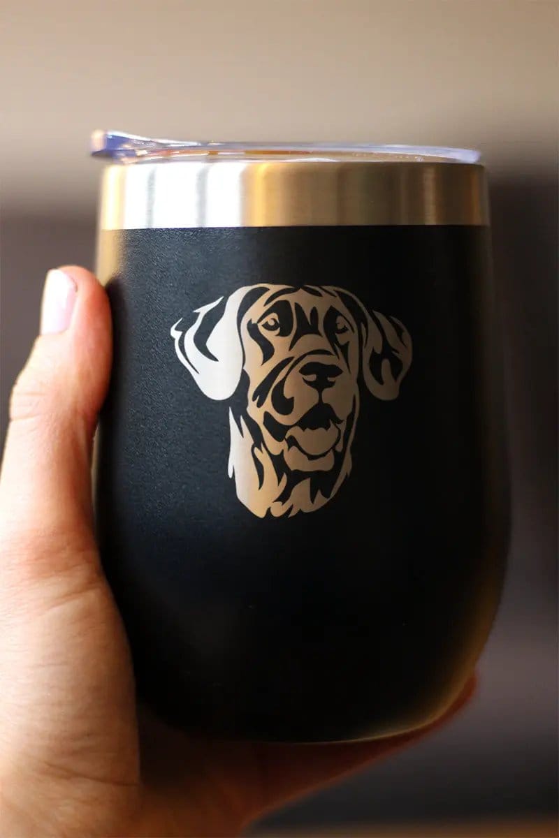 Insulated Stemless Wine Tumbler | 12 oz Stainless Steel | Sliding Lid | Great Dane Face